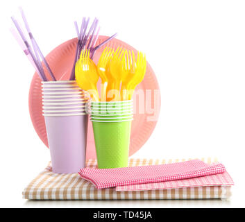 Multicolored plastic tableware isolated on white Stock Photo