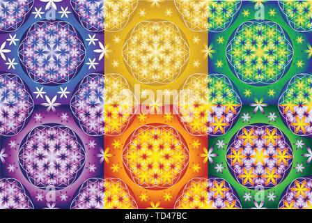 Collection of 6 flower of life seamless patterns Stock Vector