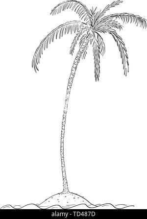 Vector cartoon illustration or drawing of palm tree growing on small island in center of ocean. Stock Vector