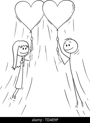 Vector cartoon stick figure drawing conceptual illustration of couple of woman and man in love holding rope of big inflatable heart balloon and flying together. Stock Vector