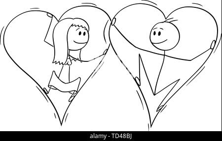 Vector cartoon stick figure drawing conceptual illustration of couple of man and woman in love trapped inside of big hearts. Stock Vector
