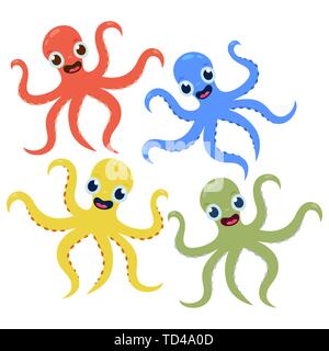 Set of multicolored cute octopuses in cartoon style Vector cartoon illustration Stock Vector