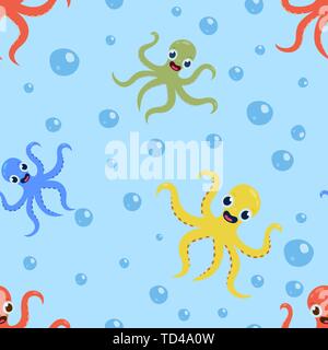 Seamless underwater pattern with cute octopuses Vector cartoon illustration Stock Vector