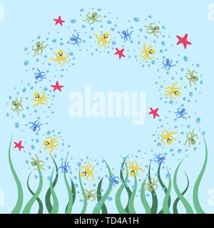 Cute frame with octopuses on the marine theme Vector cartoon illustration Stock Vector