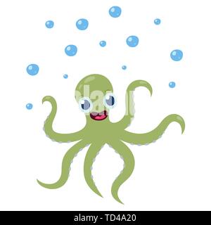 A cheerful, cute octopus is smiling underwater in the sea Vector isolated illustration in cartoon style. Stock Vector