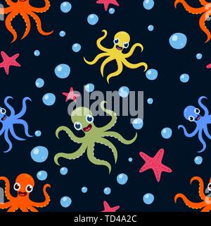 Seamless underwater pattern with cute octopuses Vector cartoon ...