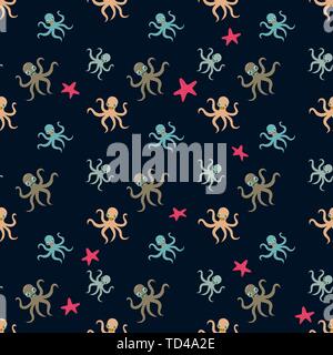Seamless underwater pattern with cute octopuses Vector cartoon illustration Stock Vector