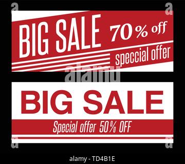 Set of two sale banner templates, isolated on black background. Modern web banners. Big discounts, offer, price. Red and white colors. Vector. Stock Vector
