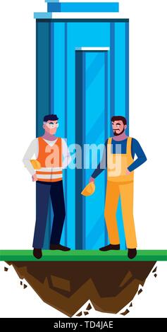 male builders constructors workers with building vector illustration design Stock Vector