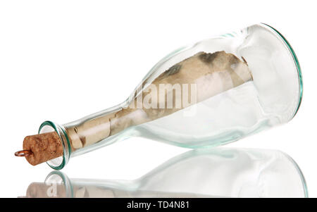 Original glass bottle with letter isolated on white Stock Photo