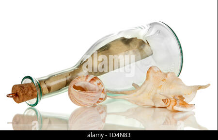 Original glass bottle with letter isolated on white Stock Photo