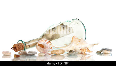 Original glass bottle with letter isolated on white Stock Photo