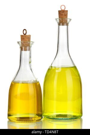 Original glass bottles with salad dressing isolated on white Stock Photo