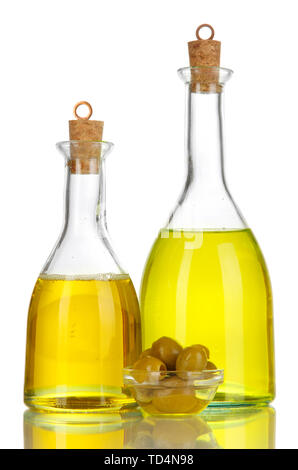 Original glass bottles with salad dressing isolated on white Stock Photo