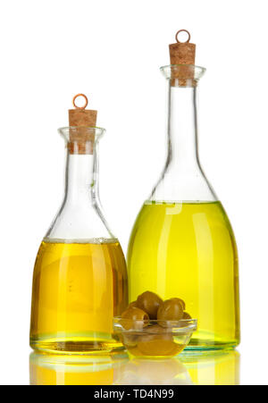 Original glass bottles with salad dressing isolated on white Stock Photo