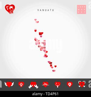 I Love Vanuatu. Red and Pink Hearts Pattern Vector Map of Vanuatu Isolated on Grey Background. Love Icon Set. Stock Vector