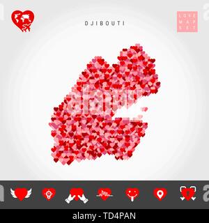 I Love Djibouti. Red and Pink Hearts Pattern Vector Map of Djibouti Isolated on Grey Background. Love Icon Set. Stock Vector