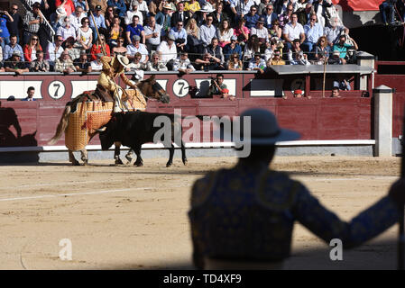 Madrid, Spain. 11th June, 2019. A 'picador' stabs a spear in the back of a Valdellan ranch fighting bull during a bullfight at the Las Ventas bullring in the 2019 San Isidro festival in Madrid. Credit: SOPA Images Limited/Alamy Live News Stock Photo