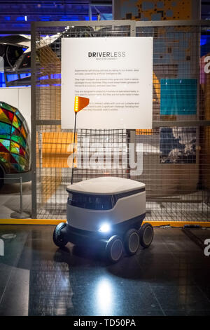 London, UK. 12th June 2019. Driverless technology 'Who is in control?' exhibition is launched the Science Museum. Pictured: Starship Delivery Robot – currently in use and aiming to revolutionise food and package deliveries. Exploring the history of self-driving vehicles, the exhibition also examines how much control we're willing to transfer to them and how their wider deployment could shape out habits, behaviour and society. Credit: Guy Corbishley/Alamy Live News Stock Photo