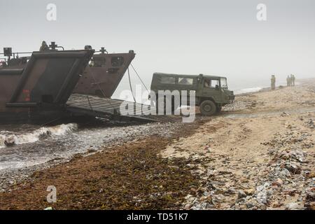 Langholz, Germany. 11th June, 2019. 11.06.2019, since Monday the 10th of June the British Royal Navy manages amphibious warfare with the landing craft of the HMS Albion in the northern Eckernforder bay near the campsite Gut Ludwigsburg near Langholz as part of the Manovers BALTOPS 2019. LCU Mk 10 L9732 with open ramp at the bow. | usage worldwide Credit: dpa picture alliance/Alamy Live News Stock Photo