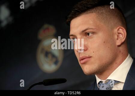 Madrid, Spain. 12th June, 2019.  Luka Jovic, new Real Madrid player, is presented by Florentino Perez, president of the club at the Santiago Bernabeu Stadium. hundreds of people attended Credit: Juan Carlos Rojas/Picture Alliance | usage worldwide/dpa/Alamy Live News Stock Photo