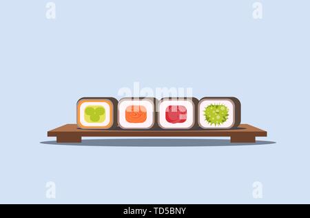 sushi set rolls on wooden board traditional japanese kitchen concept flat horizontal Stock Vector