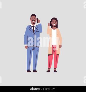 businesspeople couple using smartphones business man woman making calls talking on cellphone communication concept african american colleagues Stock Vector