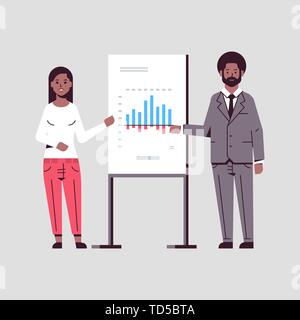 businesspeople coworkers presenting financial graph on flip chart african american business couple at seminar making presentation concept speakers on Stock Vector