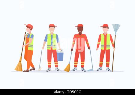 men street cleaners in uniform holding different tools mix race male workers standing together cleaning service concept flat full length white Stock Vector