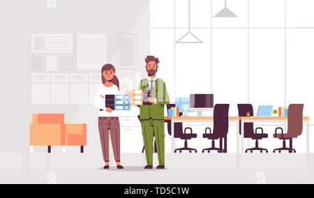 overworked businesspeople man woman holding folder stack couple overloaded coworkers standing together paperwork hard working concept modern office Stock Vector