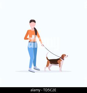 woman walking with dog using smartphone social media network communication digital gadget addiction concept flat full length Stock Vector