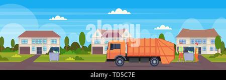 orange garbage truck urban sanitary vehicle loading recycling bins waste recycling concept modern cottage house countryside background flat horizontal Stock Vector
