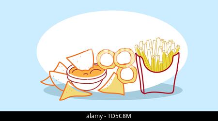 tasty snack tortilla chips with sauce in bowl french fries paper cup fast food classic american fastfood hand drawn sketch doodle horizontal Stock Vector