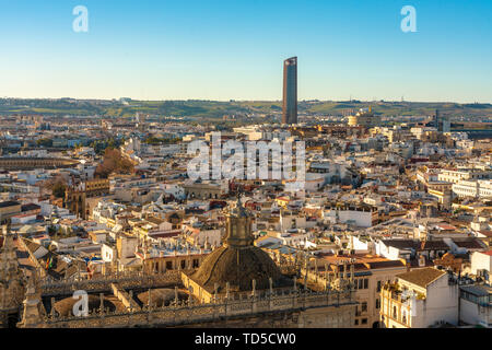 View of the historic center of Seville with Torre Sevilla (Tower of Seville) in the background, Seville, Andalucia, Spain, Europe Stock Photo