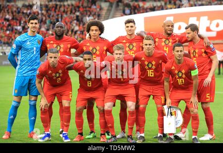 Belgium's (left to right, back to front) goalkeeper Thibaut Courtois, Romelu Lukaku, Axel Witsel, Thomas Meunier, Vincent Kompany, Jan Vertonghen, Toby Alderweireld, Youri Tielemans, Kevin De Bruyne, Thorgan Hazard, and Eden Hazard prior to kick-off during the UEFA Euro 2020 Qualifying, Group I match at the King Baudouin Stadium, Brussels. PRESS ASSOCIATION Photo. Picture date: Tuesday June 11, 2019. See PA story soccer Belgium. Photo credit should read: Bradley Collyer/PA Wire. Stock Photo