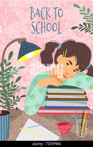 Back to school. Cute vertical vector illustration of a sitting over the books student. Girl, books, notebook, flowers and desk lamp on a table. Stock Vector