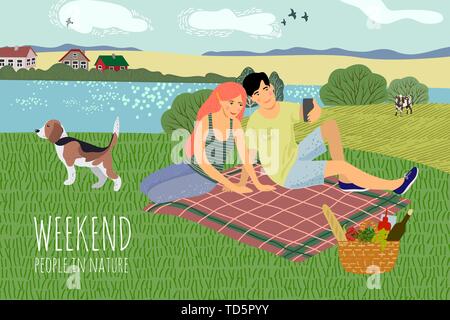 Cute vector illustration with a guy and a girl, resting on the nature. Couple sitting on the bedspread, dog and basket of groceries on a picnic Stock Vector