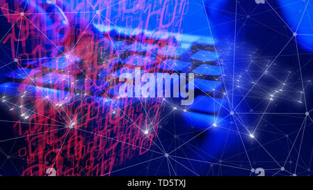 Bank cyber security hacked, binary numbers lines and circle dots Stock Photo