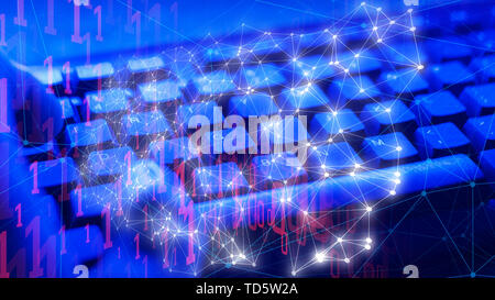 Cyber attack binary code numbers and abstract shapes connected Stock Photo