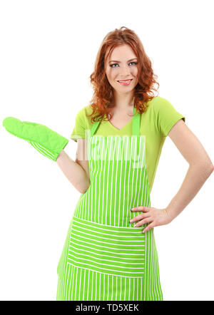 Portrait of housewife wearing an apron and hold a cleaning tool
