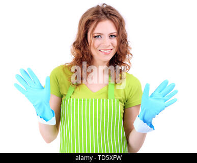 Young woman wearing green apron and rubber gloves, isolated on white Stock Photo