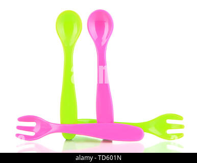 Color forks and spoons for baby food isolated on white Stock Photo
