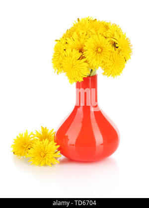 Dandelion flowers in vase isolated on white Stock Photo