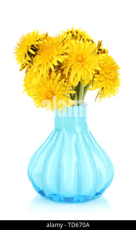 Dandelion flowers in vase isolated on white Stock Photo