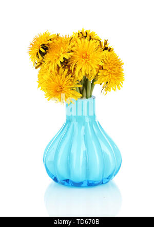 Dandelion flowers in vase isolated on white Stock Photo