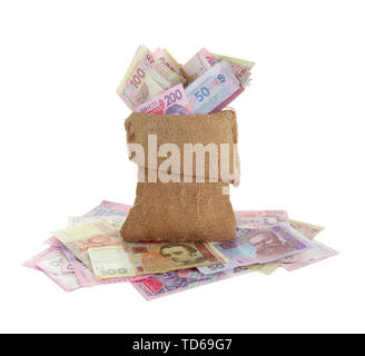 Burlap bag with Ukrainian money, isolated on white Stock Photo