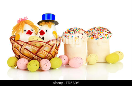 Easter eggs and two chicken toys isolated on white Stock Photo