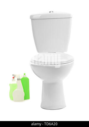 Cleaning Supplies Toilet Bowl Bathroom Space Text Stock Photo by