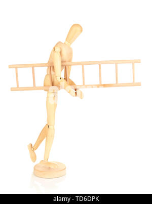 Wooden man carrying heavy ladder isolated on white Stock Photo