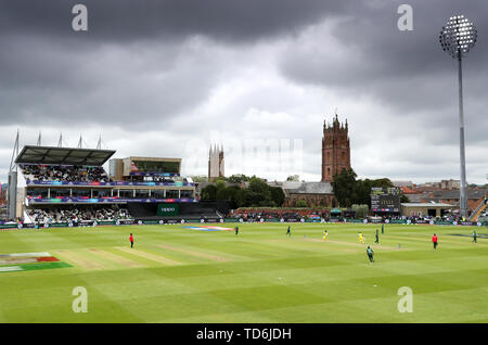 Dark clouds gather over the pitch during the ICC Cricket World Cup group stage match at County Ground Taunton. Stock Photo